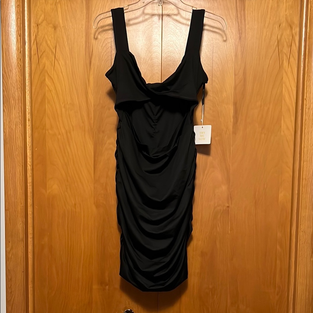 Formal Black Dress Cut Out Front And Twist Top Size Large Ruched Back Form Fit
